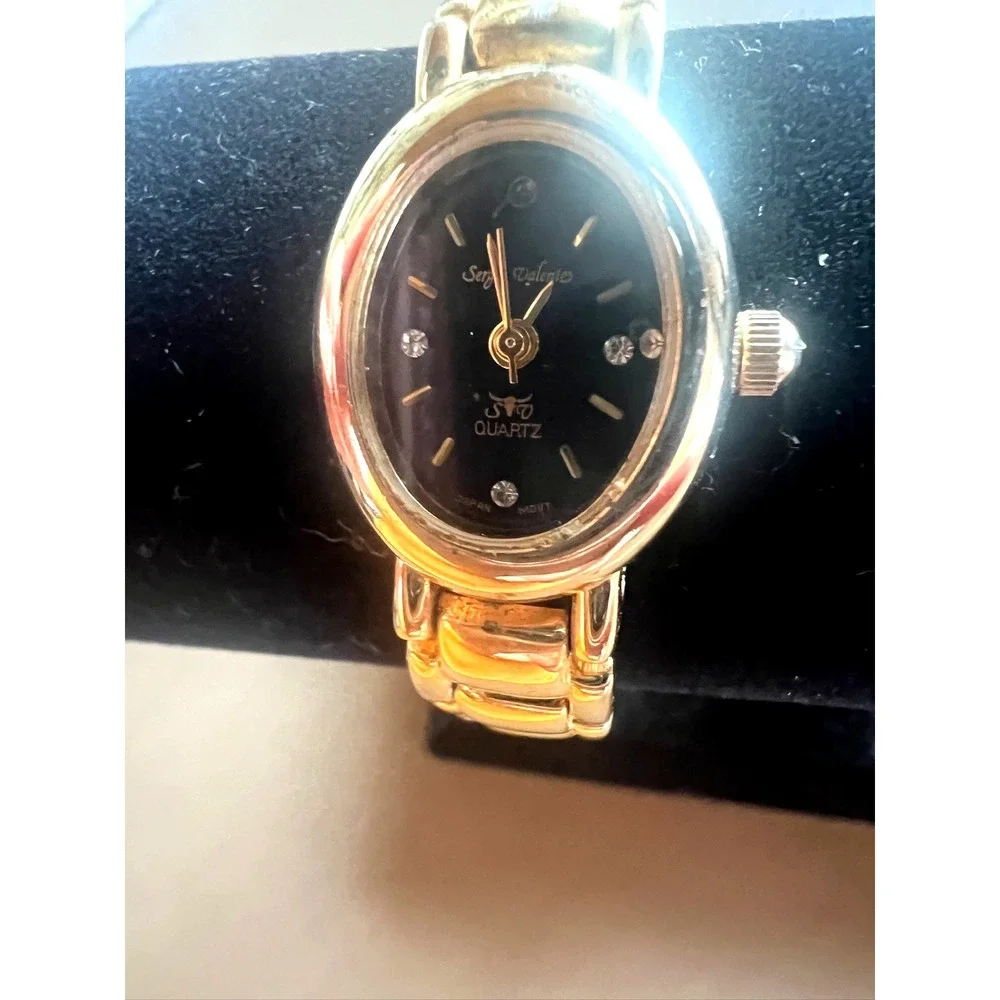Sergio Valente Women's Watch Gold Tone Oval Black Dial Crystal Japan Mov't Dress